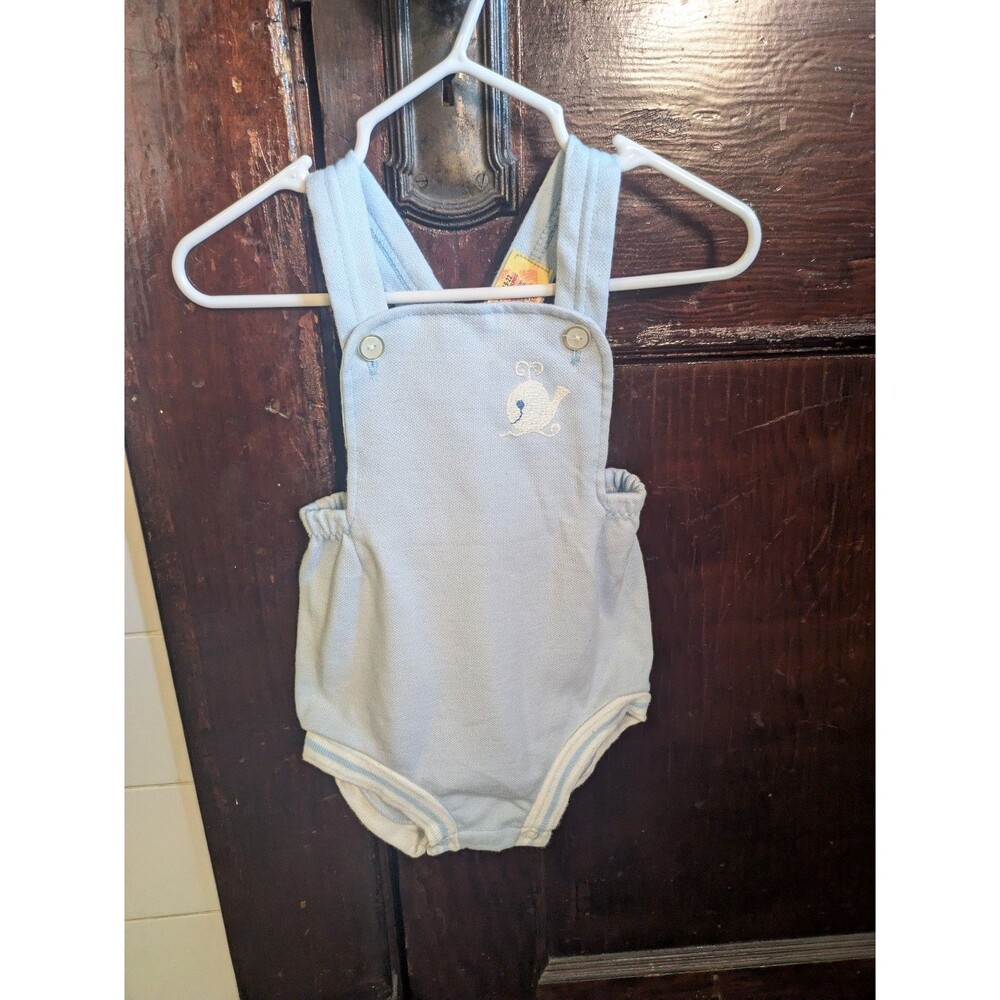 Vintage Carter's Baby Boy Blue Romper w/ Button Straps & Whale Embroidery - 12M